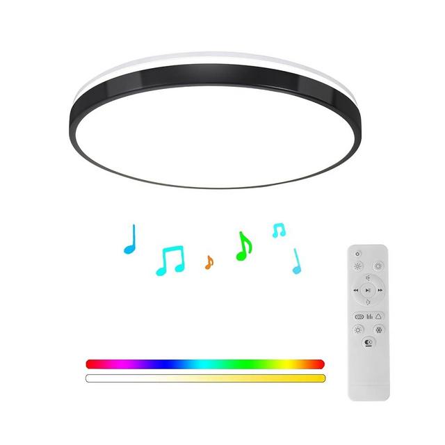 24W Music Ceiling Light, Black Flush Mount Ceiling Light Fixture with Bluetooth Speaker, LED Ceiling Light with Remote Control, RGB Color Changing Light for Bedroom, Living Room, Bathroon, Kitchen.