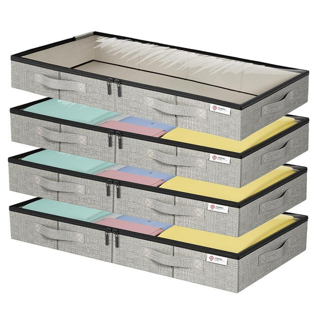 4.5 Inches Under Bed Storage Containers, 4Pack Low Profile Underbed Storage Box with Sturdy Sidewalls/Bottom and lids for Clothes, Blanket, Pillows and Shoes, Thick Fabric with Sturdy Structure