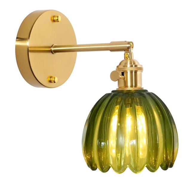 Shenmoyl Vintage Modern 1 Light Wall Sconces with Green Tulip Glass Lampshade 180 Degree Adjustable Brass Sconces Wall Lighting Fixture with Switch for Bedside Bedroom Doorway