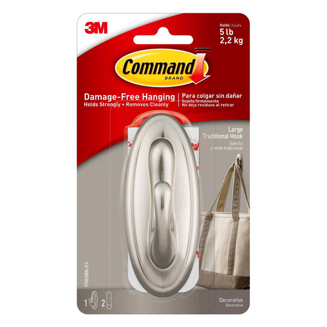 Command Large Sized Traditional Hook (1 Hook 2 Strips)Brushed Nickel