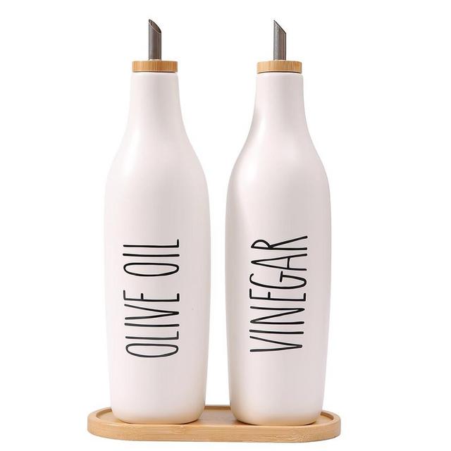 HOMCDALY Olive Oil and Vinegar Dispenser Set, Ceramic Oil and Vinegar Bottles with Bamboo Tray, 16.9oz Oil Container Kitchen Olive Oil Cruet, Oil Container Kitchen, Kitchen Décor| Set of 2 – P-White