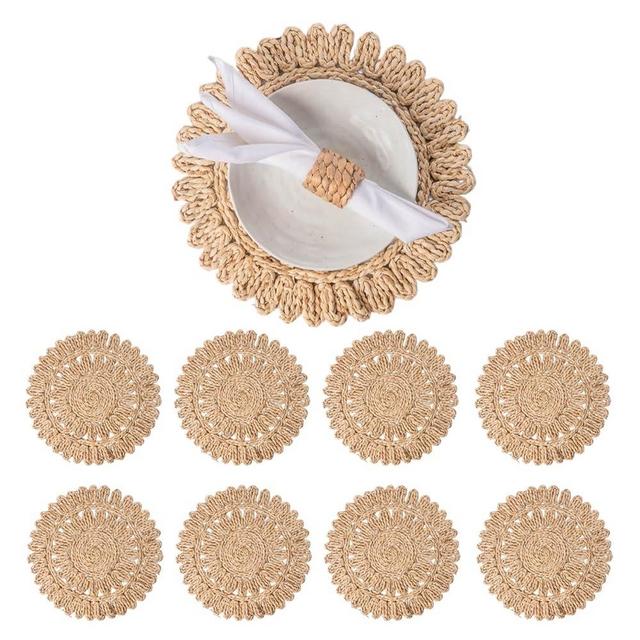 Laquedecraft 13.8" Set of 8 Round Corn Husk Placemats | Boho Woven Rattan Placemats | Farmhouse Spring Placemats | Wicker Plate Chargers Like Water Hyacinth, Seagrass Table Mats