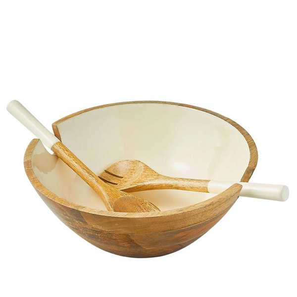 Huck Wood & Enamel Salad Bowl with Servers