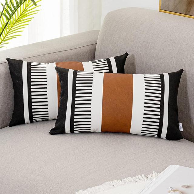 Vfuty Boho Striped Lumbar Pillow Covers 12x20 inch, Modern Leather Couch Pillowcase,Farmhouse Home Decor, Black (Pack of 2, Cover ONLY)