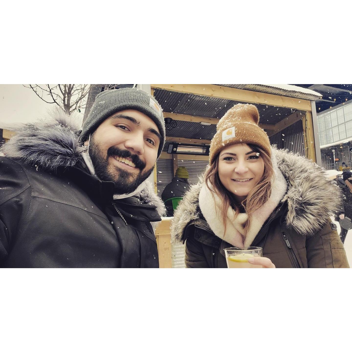Valentines date outdoors, some drinks, a fireplace, and SNOW!