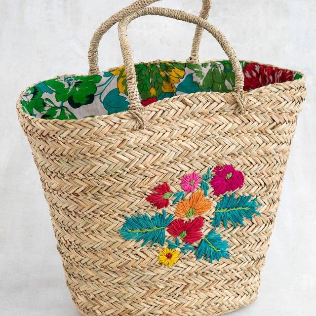 Embroidered Straw Tote