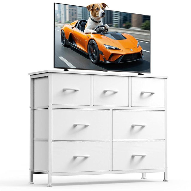 DUMOS TV Stand Dresser for Living Room Bedroom with 7 Fabric Drawer, Entertainment Center Chest Storage Organizer Units for Clothing, Closet, Cabinet, Living Room Furniture, White