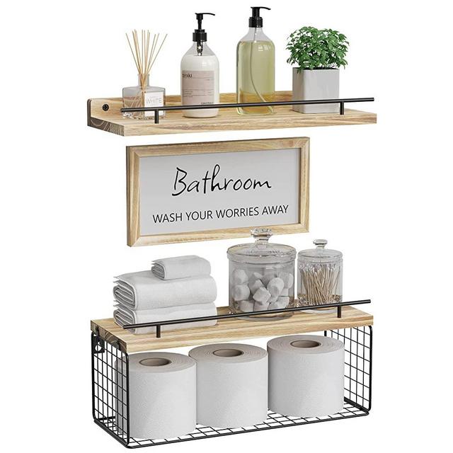 WOPITUES Floating Shelves with Bathroom Wall Décor Sign, Farmhouse Wood Bathroom Wall Shelves Over Toilet with Paper Storage Basket Set of 3, Rustic Floating Shelf with Guardrail–Light Brown