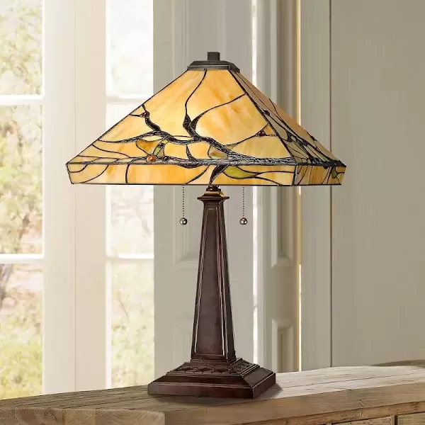 Robert Louis Tiffany Mission Table Lamp Bronze Metal Tree Branch Glass Art Shade for Living Room Family Bedroom Bedside Office
