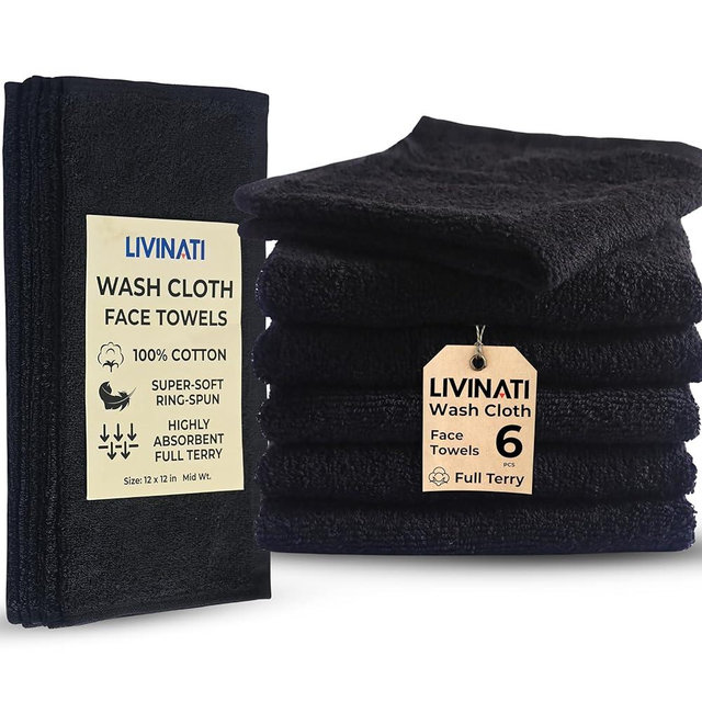 LIVINATI Black 100% Cotton Wash Cloths for Showering Body and Face - 12"X12" 6 Pack Washcloths - Small Terry Towel Bath Rags for Adults and Kids Bathroom - Soft Absorbent