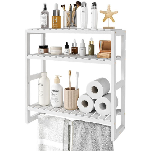 Galood Over The Toilet Storage Bathroom Shelves Wall Mounted 3 Tier Space Saver Corner Shelf Organizer Bamboo Towel Rack Toilet Paper Cabinet with Hanging Rod White