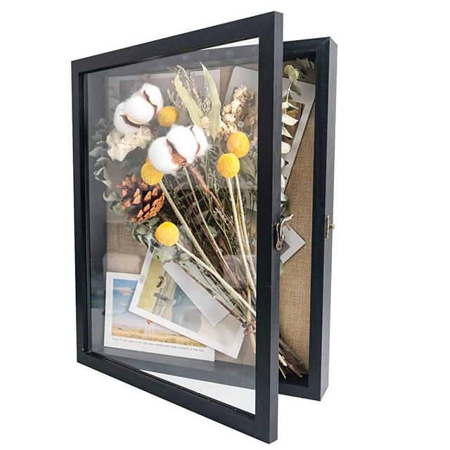 GraduationMall 11x14 Wood Shadow Box Frame Glass Door Display Case with Linen Back and 6 Stick Pins,1.5 inches Interior Depth,Ideal for Memorabilia Pictures Flowers Medals Tickets Rustic Black