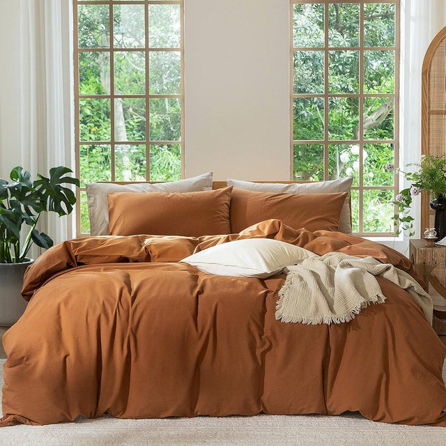 MooMee Bedding Duvet Cover Set 100% Washed Cotton Linen Like Textured Breathable Durable Soft Comfy (Solid Dark Orange, Cal King 104"x98")