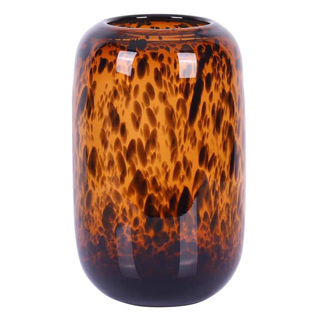 Amber Brown Glass Vase – Round Art Glass Vase with Tortoise Shell Pattern, Hand Blown Wide Mouth Decorative Centerpiece for Living Room, Dining Table or Entryway Home Decor