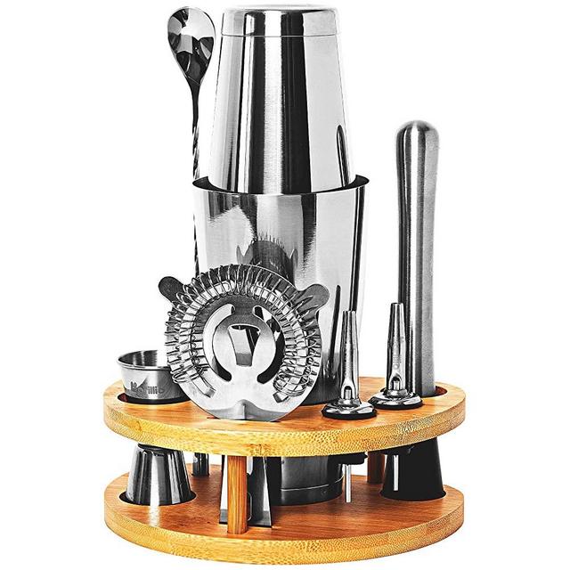Elite Mixology Bartender Kit Cocktail Boston Shaker Set by Barillio: Drink Mixer Set with Bar Tools, Sleek Bamboo Stand, Velvet Carry Bag & Recipes Booklet (Martini, Mojito)