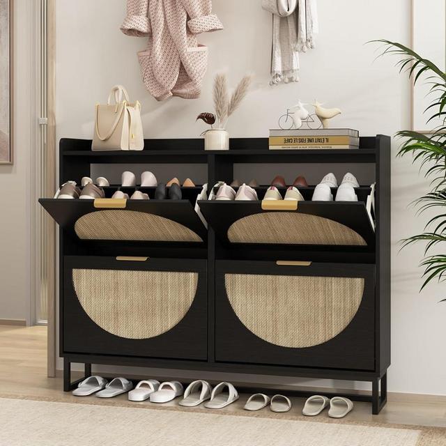 Maupvit Large Rattan Shoe Storage Cabinet with 4 Flip Drawers, Freestanding Shoe Organizer with Metal Legs for Entryway, Hidden Golden Handles, Narrow Shoe Rack Cabinet, Black