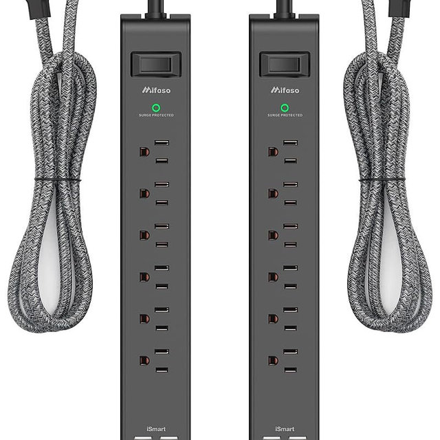2 Pack Surge Protector Power Strip, Slim Flat Plug, Braided Extension Cord | 5-Foot, 900 Joules, 6 Outlets 4 USB Ports, Wall Mount for Home Office Dorm