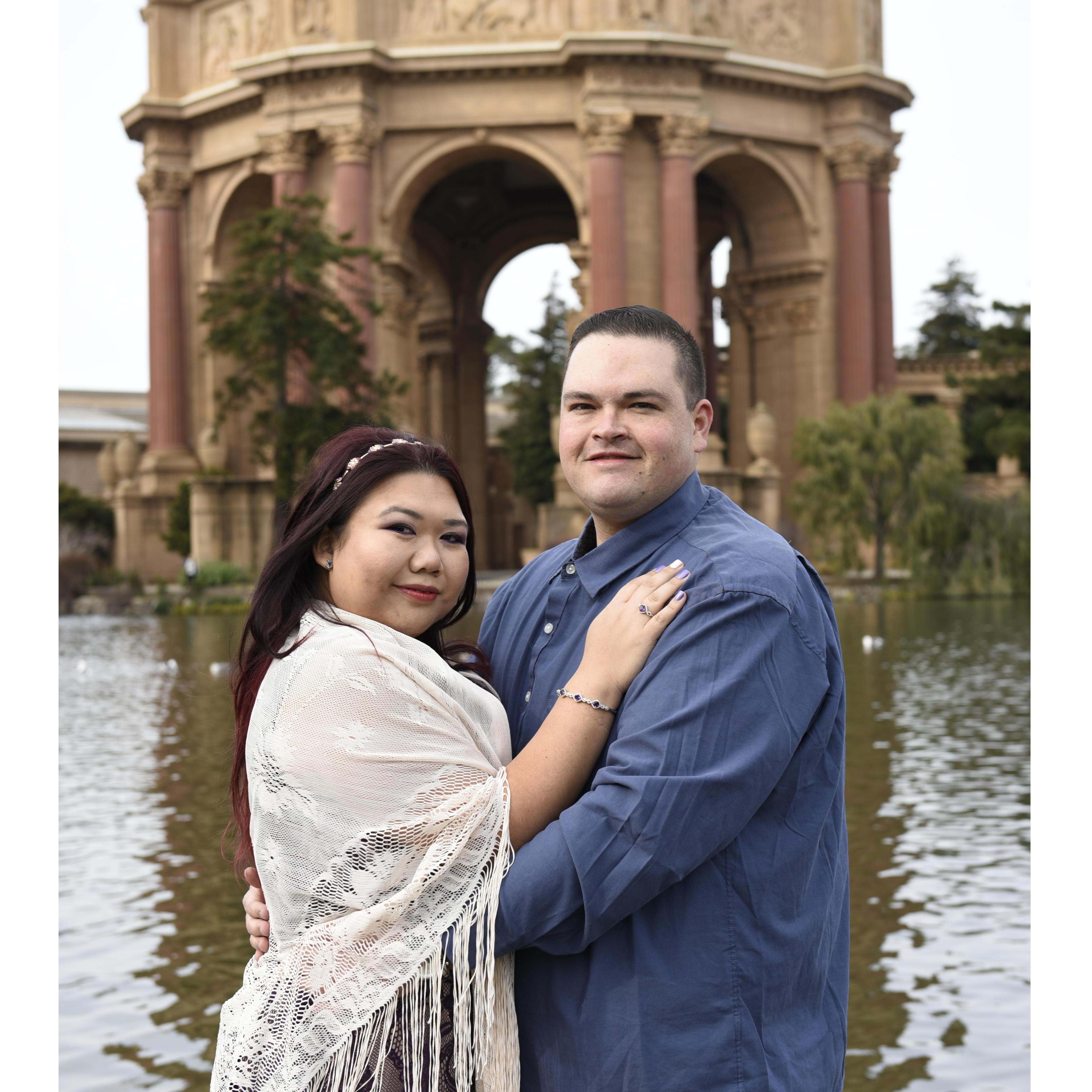 During our engagement shoot, it was suppose to rain, but the sun came out. This was also at the Palace of Fine Arts in San Francisco, the photo was taken by our photographer Melika, January 15, 2020.