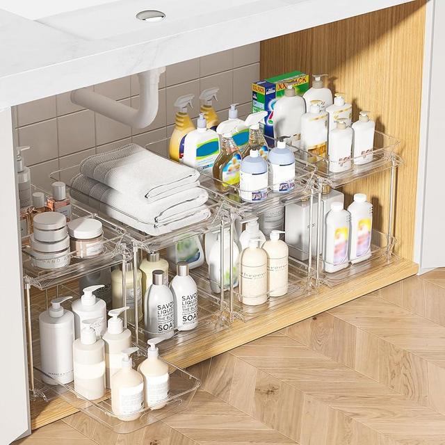 Sevenblue 4 Pack Bathroom Under Sink Organizers and Storage, 2 Tier Multi-Purpose Clear Medicine Cabinet Organizer, Pull Out Kitchen Pantry Organization with Movable Dividers