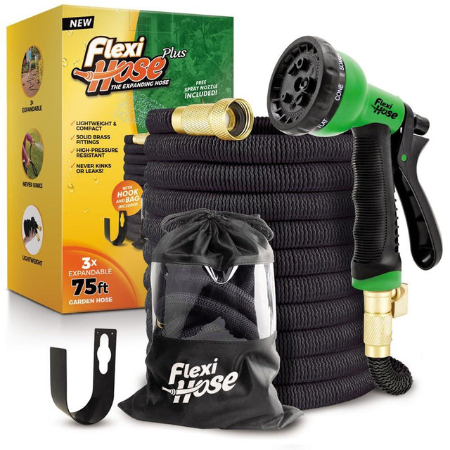 Flexi Hose PLUS with 8 Function Nozzle Expandable Garden Hose, Lightweight & No-Kink Flexible Garden Hose, 3/4 inch Solid Brass Fittings and Double Latex Core, 75 ft Black