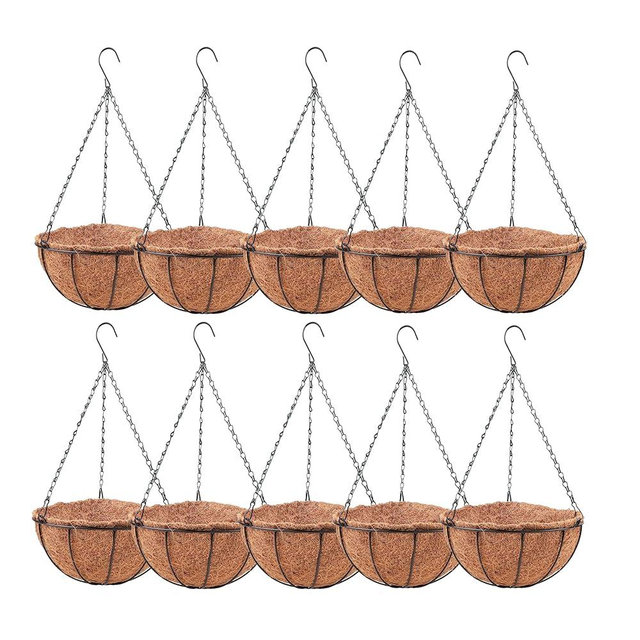LaLaGreen Hanging Baskets (8 Inch, 10 Pack) Small Hanging Planter with Coco Liner Round Flower Pots, Black Outdoor Planters Basket Metal Wire Holder Hook Deck Porch Modern Garden Balcony Decorations