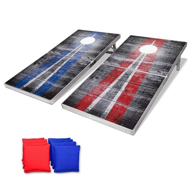 GoSports Cornhole PRO Regulation Size Bean Bag Toss Game Set - Foldable (American Flag, LED, Black, Red & Blue Designs)
