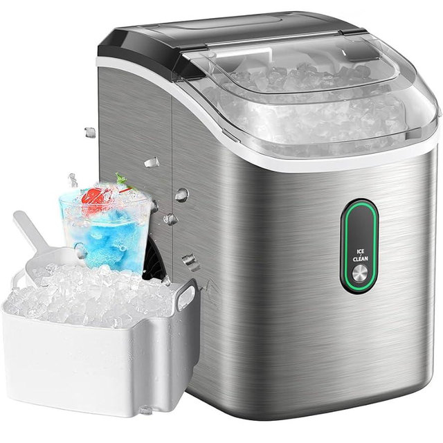 Nugget Ice Maker Countertop, Portable Pellet Ice Machine with Self-Cleaning Function, Nugget Ice Maker Produces 33lbs of Chewable Ice in 24 Hrs, Ideal for Home Kitchens Party Camping, Stainless Steel