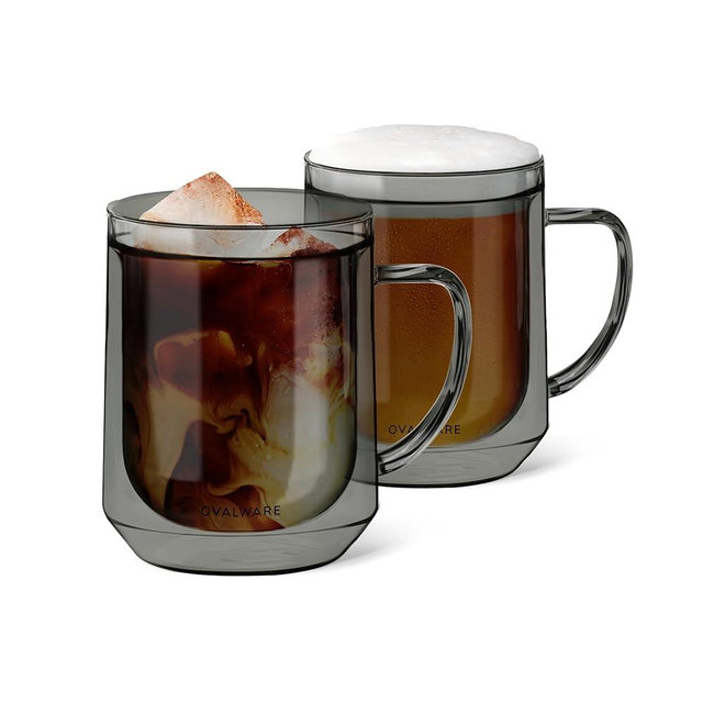 ovalware 500ml Double Wall Glass Coffee Mugs, Single Lip Mugs Made of Durable Borosilicate Glass, Insulated Glass Coffee Mug with Handle for Hot and Cold Drinks - Stealth Gray
