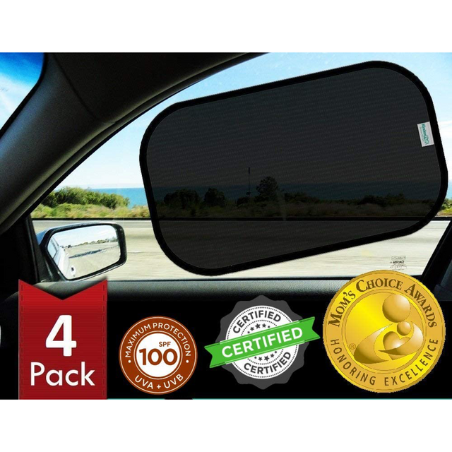 Kinder Fluff Car Window Sunshades (4X)-The Only Certified Sunshade to Block 99.79% UVA & 99.95% UVB -Mom's Choice Gold Award Winner- 120GSM & 15S Static Film Sun Shades