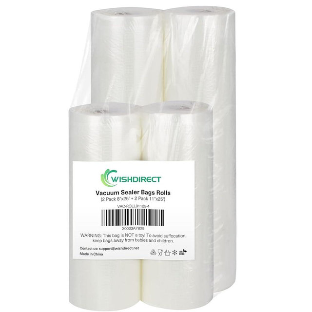WishDirect Vacuum Sealer Bags Rolls Compatible with FoodSaver, 2 Pack 11" x 25' and 2 Pack 8" x 25' Fit Inside Machine Commercial Grade Embossed Food Preservation Rolls (Total 100 Feet)