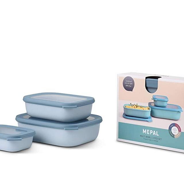 Mepal Cirqula Multi Rectangular 3-Piece (500 + 1000 + 2000 ml) Nordic Blue-Bowl Set-Food Storage Containers-Stackable-Dishwasher Safe, Polypropylene Thermoplastic elastomer, Flach