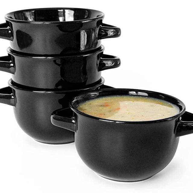 Kook French Onion Soup Crocks with Handles, Ceramic Bowls, for Rice, Dessert, Pasta, Dishwasher, Microwave, Oven & Broil Safe, Set of 4, 18 oz (Black)