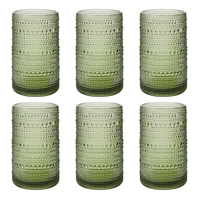 AkutaaVintage Hobnail Drinking Glasses Set of 6, 16 oz Large Capacity Embossed Green Tumblers, Highball Glasses for Water, Cocktail, Beer, Whiskey, Kitchen & Bar Use