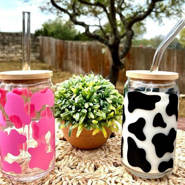 Cow Print Glass Cup | Iced Coffee Glass Cup | Trendy Pattern Glass Cup | Aesthetic Coffee Mug | Minimalist Glass Cup