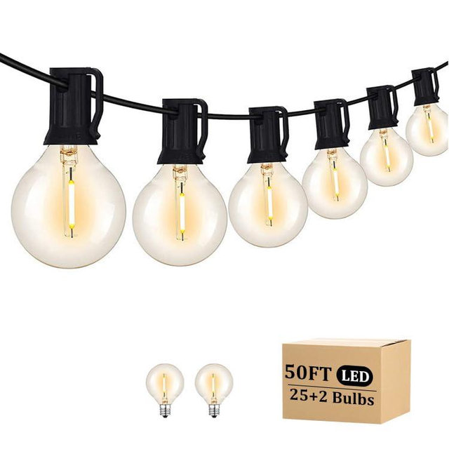 RYKUG 50FT LED Outdoor String Lights with 27 G40 Bulbs (2 Spare) Connectable Yard Hanging Lights for Party Tents Patio Gazebo Porch Deck Bistro Backyard Balcony Pergola Outside Decor