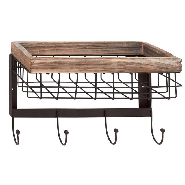 Ridge Road Décor Farmhouse Iron/Wood Wall Hook/Basket Rack in Black