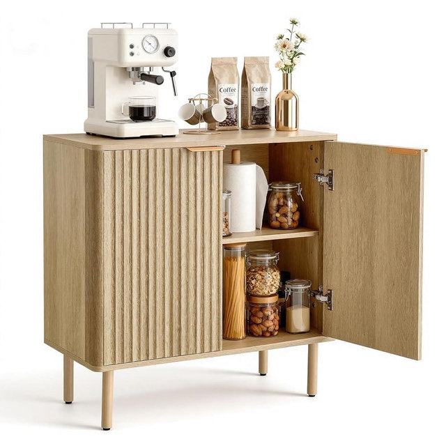 VEVOR Buffet Cabinet, Sideboard Cabinet with 2-Tier Storage, Coffee Bar Cabinet with Adjustable Shelves, Fluted Sideboard Buffet for Hallway, Entryway, Living Room, or Kitchen, Oak