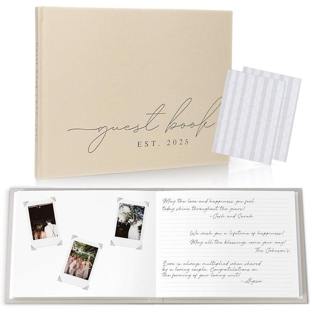 Wedding Guest Book With Personalized 2025 Year - Linen Photo Guestbook to Sign at Reception Party - Includes Clear Photo Corners Self Adhesive - 100 Pages Blank and Lined Thick Paper Guest Books