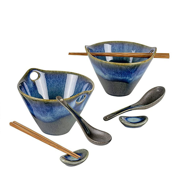 Japanese Ramen Bowl Set with Chopsticks, Spoons and Rests, UNICASA 20oz Deep Porcelain Noodle Bowl Set of 2 for Udon, Pho, Salad, Soup (Volcano Blue)