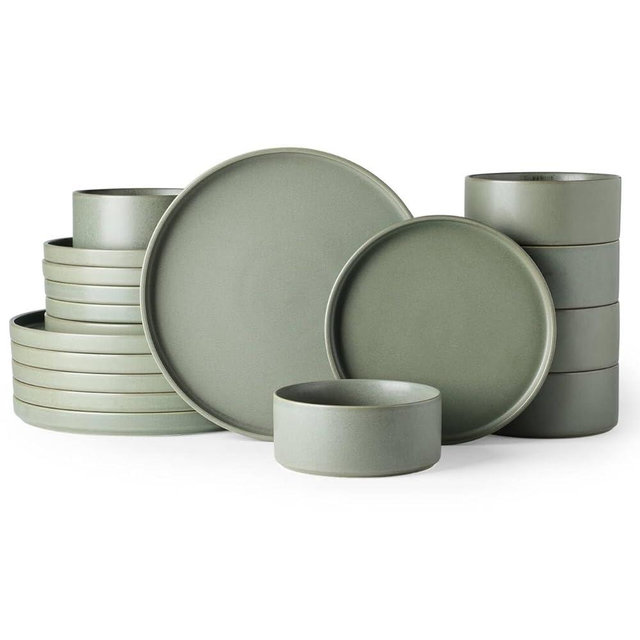 GBhome Ceramic Dinnerware Sets for 6, Matte Stoneware Plates and Bowls Sets,Chip and Scratch Resistant Dishes, Dishwasher & Microwave Safe, Oven safe,Reactive Glaze-Green