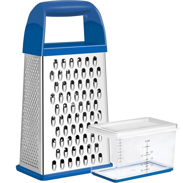 Urbanstrive Cheese Grater With Container, Professional Cheese Grater with Handle, Stainless Steel Graters for Kitchen Handheld, Box Grater with 4 Sides for Vegetables, Ginger, Potatoes (Dark Blue)