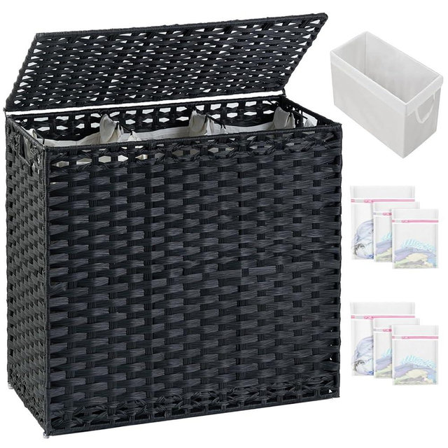 SETVSON Laundry Hamper with Lid Laundry Basket 132 L (35 Gal) Wicker Clothes Hamper, Handwoven Rattan Hamper with Handles and 4 Removable Liner Bags, 6 Mesh Bags for Laundry Bedroom Black