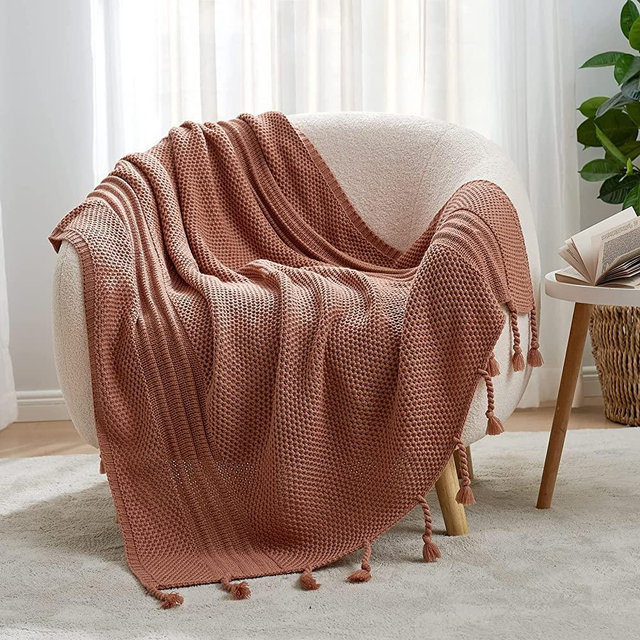 Cozy Bliss Honeycomb Knit Throw Blanket with Hand-Made Tassel Soft Cozy Acrylic Knitted Throw Decorative Woven Blanket for Couch, Bed,Sofa, 50x60 inches, Cosmic Rust