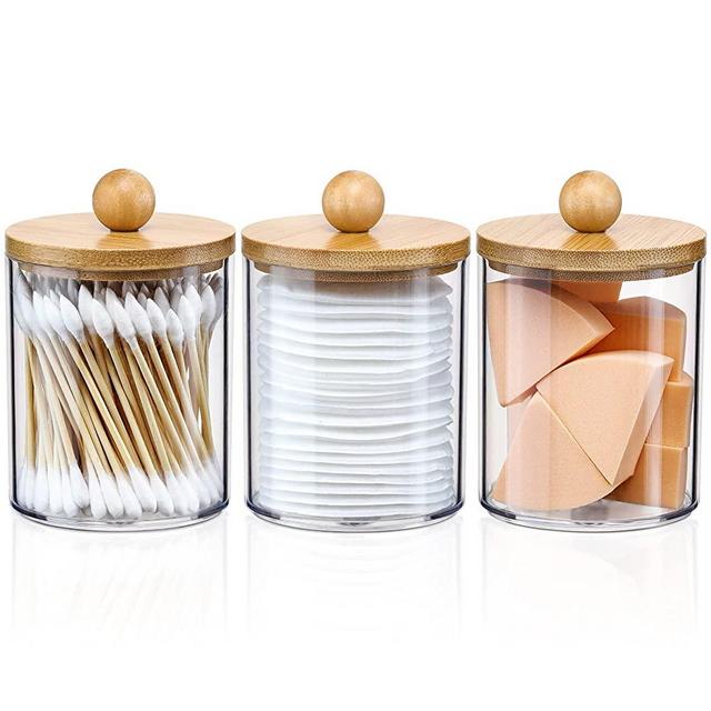 3 Pack Qtip Holder Dispenser with Bamboo Lids - 10 oz Clear Plastic Apothecary Jar Containers for Vanity Makeup Organizer Storage - Bathroom Accessories Set for Cotton Swab, Ball, Pads, Floss