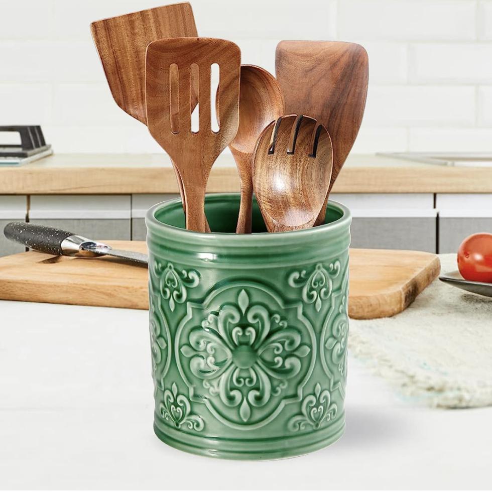 MEIGUI Ceramic Kitchen Utensil Holder, Utensil Crock Large Utensils Holder for Kitchen Decor, Cooking Tool Utensils Caddy for Countertop, Green