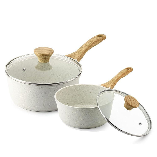 SENSARTE White Ceramic Nonstick Saucepan with Lid Set 2+2.5QT, Medium Cooking Pot with Stay Cool Handle, Induction Compatible Saucepot, White Granite Coating, PFOA/PFAS Free