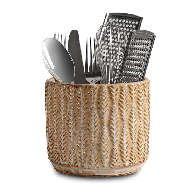 5.3-Inch Ceramic Utensil Crock Utensil Holder Countertop, Embossed Ceramic Storage Canister - with Non-Slip Cork Base, Rustic Farmhouse Multi-Purpose Desktop Organizer, Kitchen Decor(Wheat Brown)
