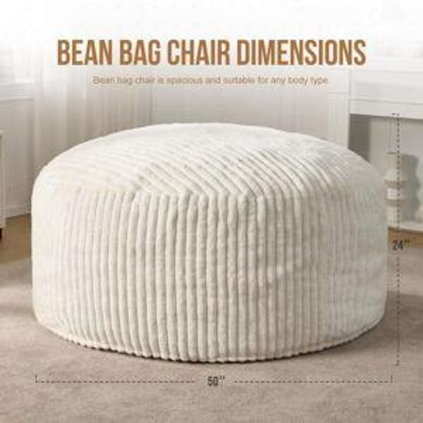 Hobestluk 5ft Bean Bag Chairs for Adults Large Beanbag Chair with Dutch Corded Plush Cover Big Bean Bag Chair for Living Room Bedroom Dorm Office - White (50” x 50” x 24”)