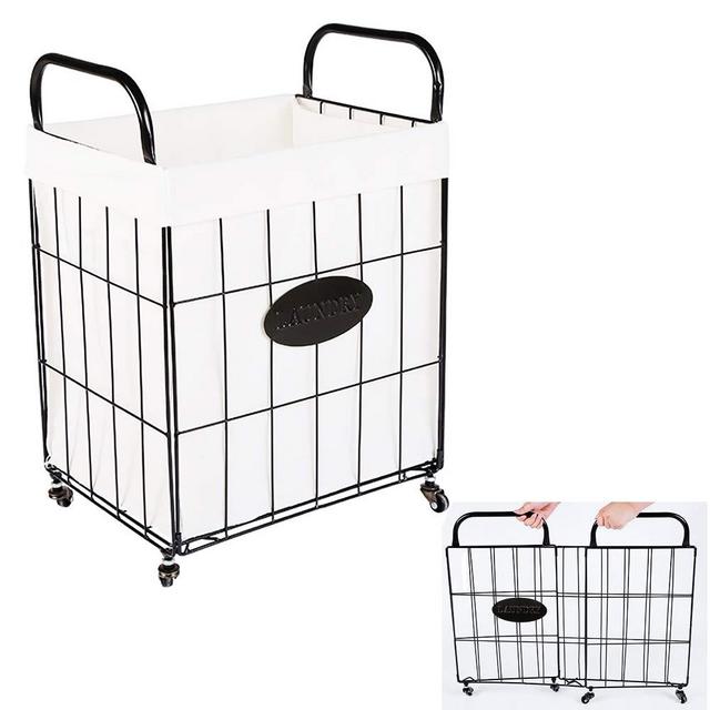 DoxiGlobal Folding Matel Wire Laundry Basket with Removable Bag Handles Collapsible Large Dirty Laundry Hamper Cart Sorter Utility Storage Organizer Tower 360° Rolling Swivel Wheels Home (Large)