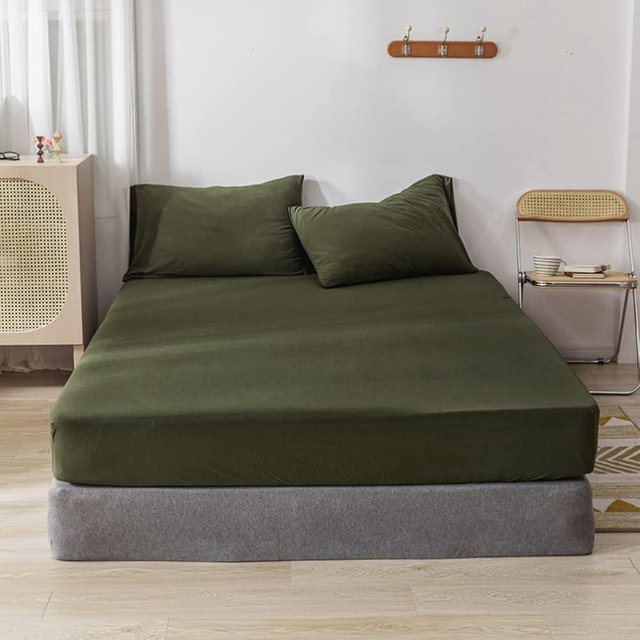 DONEUS Jersey Knit Cotton Fitted Sheet 3 Piece - Ultra Soft, Wrinkle Free and Breathable, 15 Inches Deep Pocket Elastic Sheets with 2 Pillowcases, Solid Olive Green King